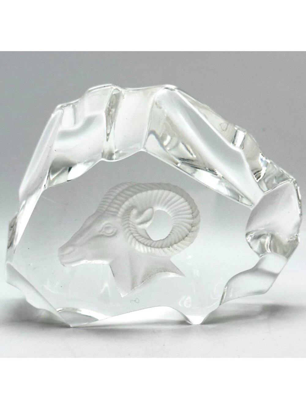 Vtg Mats Jonasson Crystal Glass Paperweight Etched Ram Head Aries Zodiac  Sweden